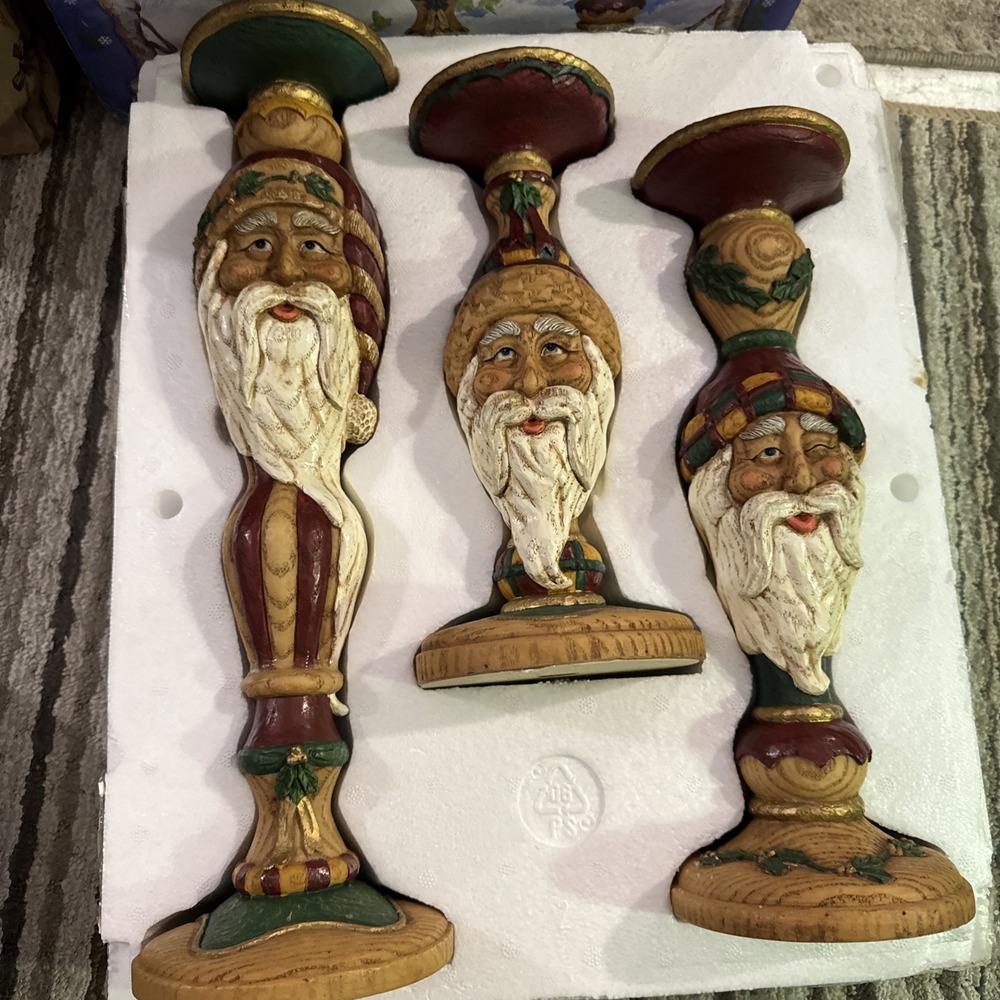 3 Woodland Santa Candlesticks Costco Christmas Candle‎ Holder Farmhouse Set Lot